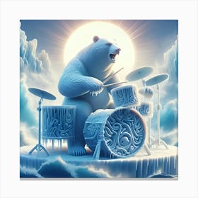 A Booming Bear Playing A Drum Set Made Of Ice, Inspired By The Organic And Biomorphic Forms Of Jean Arp, With A Frozen Blue And White Palette, Where The Drum Set Is In Focus And The Surrounding Landscape 1 Canvas Print