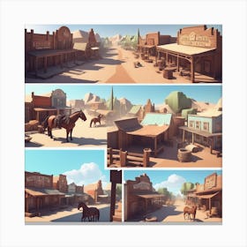 Western Town In Texas With Horses No People Low Poly Isometric Art 3d Art High Detail Artstati (2) Canvas Print