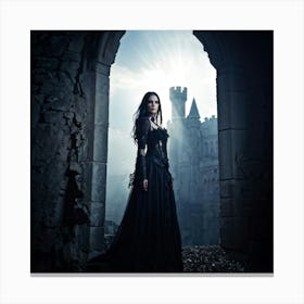 Gothic Woman Standing Before An Ancient Medieval Castle Bathed In Sunbeam Rays Sinister Ambiance D Canvas Print