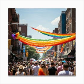 Crowds Of People In Rainbow Attire Fill The Streets Of A Bustling Urban Center At The Multiracial Pr 1 Canvas Print