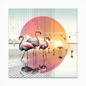 Flamingos in Water at Morning Color Drawing -Wild Bird Artwork 106 Canvas Print