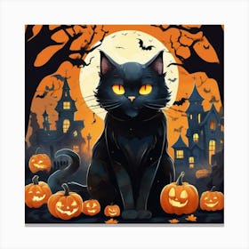 Black Cat With Pumpkins Canvas Print