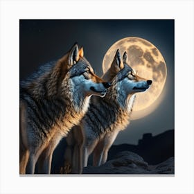 Two Wolves At The Moon Canvas Print