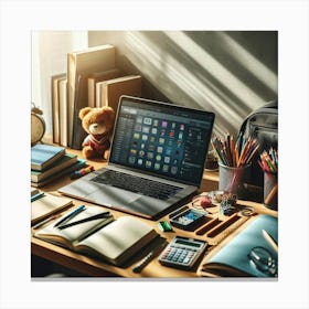 A laptop computer on a desk with various stationary items. Canvas Print