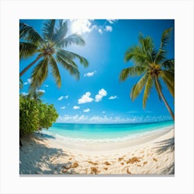 A Sunny Beach In A Tropical Paradise Palm Trees Bending Slightly Above The Turquoise Waters Edge (5) Canvas Print