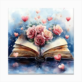 Watercolor Romantic Book Roses Hearts 5 Canvas Print