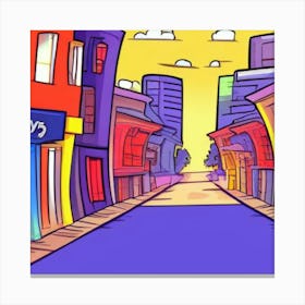 A cartoon depiction of a street with stores Canvas Print