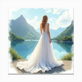 Stylish Gown In Watercolor, With A Dreamy Mountain Lake View 1 Canvas Print