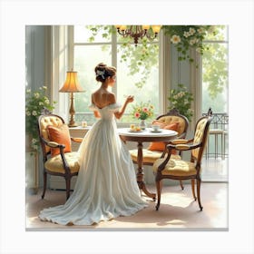 French Lady In A Sophisticated Tea House, Watercolor With Elegant And Serene Tones 1 Canvas Print