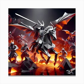 Depict Imaginative Scene Of Origami Samurai Warriors And Dragons Sculpted From Silvery Metal Sheets In Fiery Volcanic Settings Highlighted By Dynamic Folds And Lighting Canvas Print