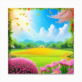 Garden With Flowers And Butterflies Canvas Print