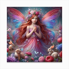 Red fairy with flowers and little bunny Canvas Print