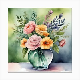 Watercolor Flowers In A Vase 1 Canvas Print