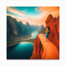 Woman Standing On A Path In The Mountains Canvas Print