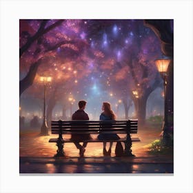 Couple Sitting On Bench At Night Canvas Print