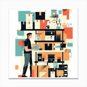 Illustration Of A Man Working In A Warehouse Canvas Print