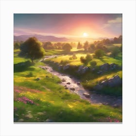 Stream through Green Fields of the Countryside Canvas Print