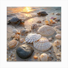 Seashells And Turtles On A Sandy Shore At Sunset 1 Canvas Print