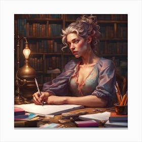 Woman Writing In A Library Canvas Print
