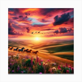 Sunset With Horses Canvas Print