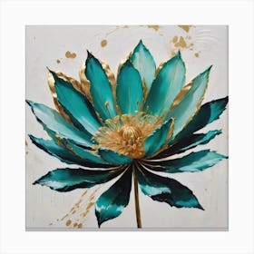 "Golden Aquatic Bloom" is an exquisite painting that captures the elegance of a lotus flower in striking teal and gold. The rich, jewel-toned petals are accented with luxurious gold leaf, creating a dynamic contrast that embodies both opulence and serenity. This artwork is a celebration of natural beauty and sophistication, perfect for enhancing the aesthetics of any home or office. It's an ideal choice for those who appreciate bold statements in art and are drawn to the lotus's symbolism of purity, rebirth, and enlightenment. "Golden Aquatic Bloom" is not just a visual pleasure; it's an investment in a serene and refined ambiance. Canvas Print