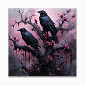 Gothic Style Digital Painting Of Black Crows Perched On Intertwining Thorny Branches Amidst Barren Canvas Print