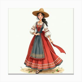 Spanish Woman With A Traditional Dress, Watercolor With Cultural Essence 1 Canvas Print