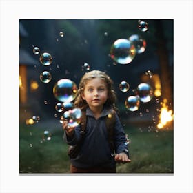 Little Girl Playing With Soap Bubbles Canvas Print