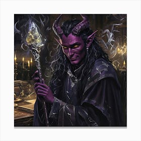 Tiefling Warlock In Candlelit Chamber With Glowing Crystal Staff Canvas Print