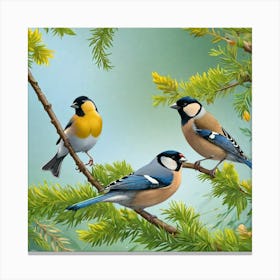 Three Birds On A Branch Canvas Print