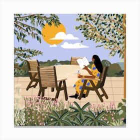 Girl Reading Book In Garden Square Canvas Print