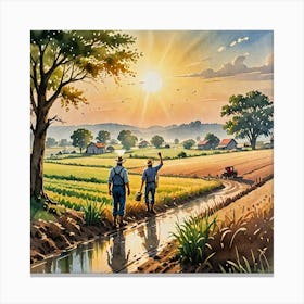 Water Colored Painting Of Landscape Farming Farmer Sun Rising 2d Art Water Color Spray 32k Resolutio 209201876 Canvas Print