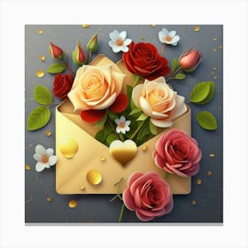 An open red and yellow letter envelope with flowers inside and little hearts outside 17 Canvas Print