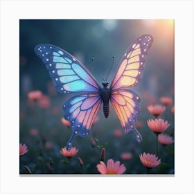 A Mythical Butterfly With Wings Of Cascading, Holographic Patterns Fluttering Through A Dreamlike Meadow Canvas Print