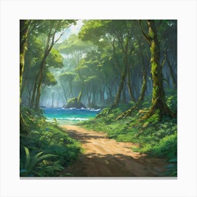 Serene Tropical Forest Path Leading to a Secluded Beach at Sunrise Canvas Print