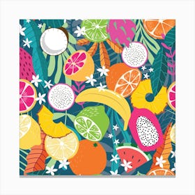 Tropical Fruits Pattern On Deep Green Square Canvas Print