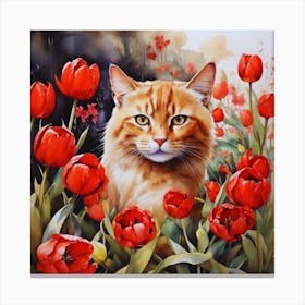 Cat With Red Tulips Canvas Print