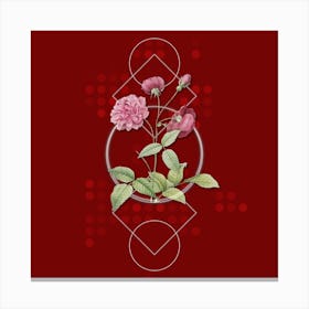Vintage China Rose Botanical with Geometric Line Motif and Dot Pattern Canvas Print