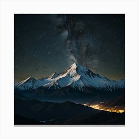 A Majestic Mountain Range With Snow Capped Peaks And A Clear, Starry Night Sky Canvas Print