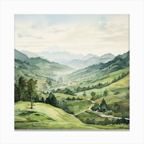 A Water Color Painting Of Green Hills One After Another. Fading view. Canvas Print