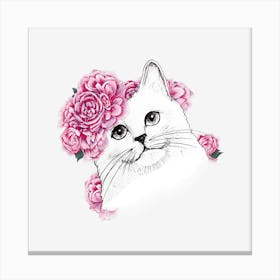 White Cat With Flowers Canvas Print