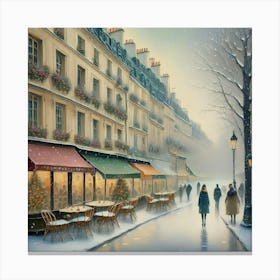 Paris cafes, winter season, Christmas, pale colors, pedestrians in the street, winter clothes, falling snow.20 Canvas Print