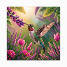 Enchanting Hummingbird: A Vibrant Garden Scene Canvas Print