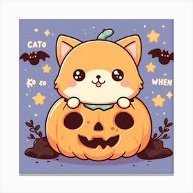 Halloween Cat in Pumpkin with Bats Around - Cute Cartoon Anime Styled Canvas Print