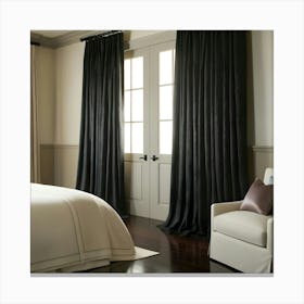 A Serene Main Bedroom Suite With Floor To Ceiling, Rich Black Curtains Adorned With Subtle, Intricate Patterning, Beautifully Draped In A Flowing, Smooth Fold, Blending Seamlessly 3 Canvas Print