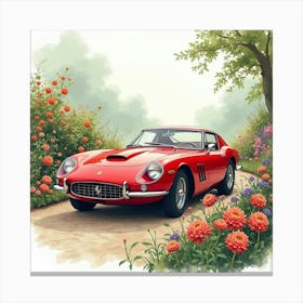 Ferrari Surrounded By Watercolor Blossoms In A Charming Garden 1 1 Canvas Print