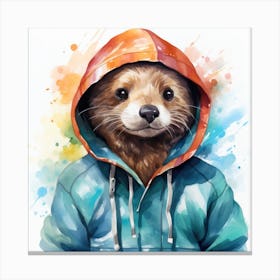 Watercolour Cartoon Otter In A Hoodie 1 Canvas Print