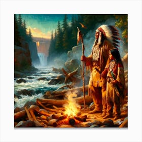 Oil Texture Native American Father And Son By Stream 2 Copy Canvas Print