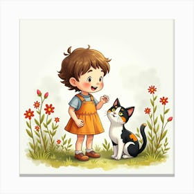 Watercolor Scene Of A Child With A Calico Cat In A Blooming Garden Canvas Print