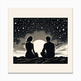 A Single Elegant Line Drawing Of A Men And Woman Art Of Sitting To Gather Alone Back Side Pose , Starry Night Canvas Print